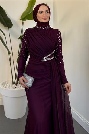 Elvira Taş Detaylı Tül  Abiye Mürdüm
