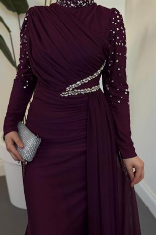 Elvira Taş Detaylı Tül  Abiye Mürdüm