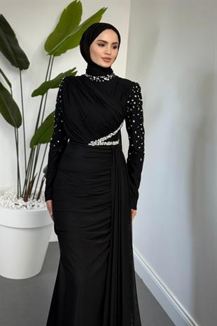 Elvira Taş Detaylı Tül  Abiye Siyah