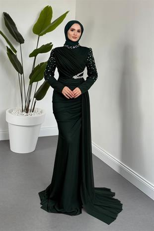 Elvira Taş Detaylı Tül  Abiye Zümrüt