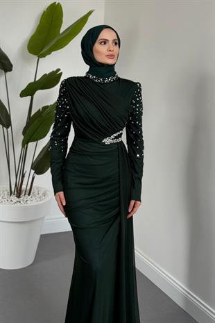 Elvira Taş Detaylı Tül  Abiye Zümrüt