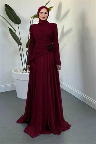 Elyra Yandan Seyyar Tokalı Asimetrik Kesim Abiye Bordo