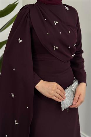 Elysia Pelerinli Taşlı Abiye Mürdüm