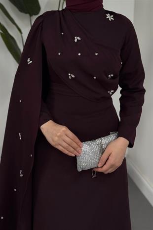 Elysia Pelerinli Taşlı Abiye Mürdüm