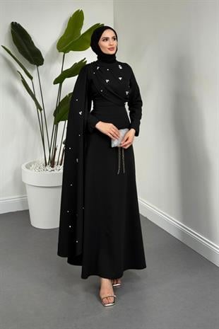 Elysia Pelerinli Taşlı Abiye Siyah