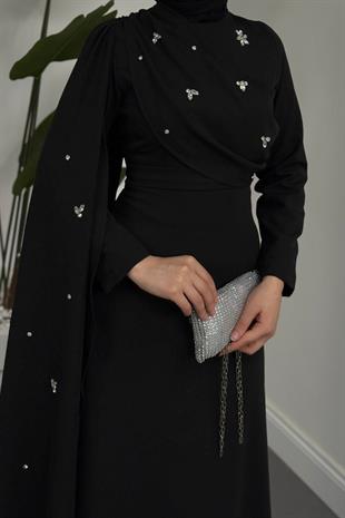 Elysia Pelerinli Taşlı Abiye Siyah