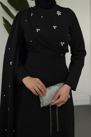 Elysia Pelerinli Taşlı Abiye Siyah