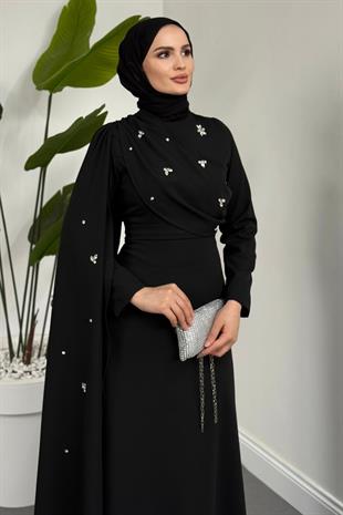 Elysia Pelerinli Taşlı Abiye Siyah
