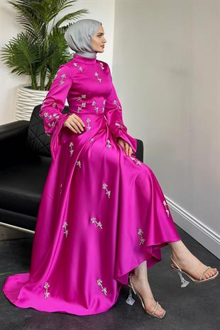 Emilia Prenses Taşlı Saten Abiye Fuşya
