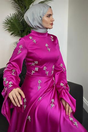 Emilia Prenses Taşlı Saten Abiye Fuşya