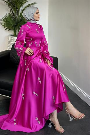 Emilia Prenses Taşlı Saten Abiye Fuşya