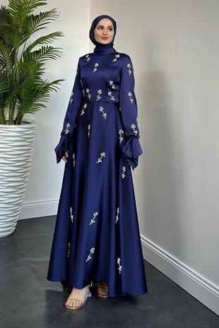 Emilia Prenses Taşlı Saten Abiye Lacivert