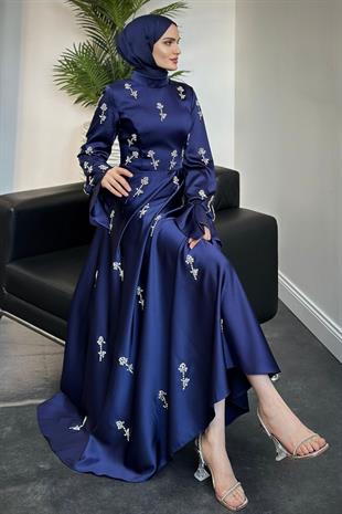 Emilia Prenses Taşlı Saten Abiye Lacivert