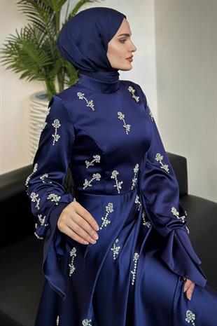 Emilia Prenses Taşlı Saten Abiye Lacivert