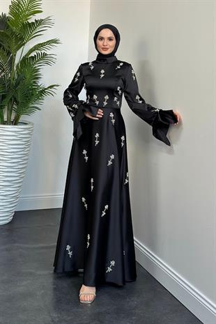 Emilia Prenses Taşlı  Saten Abiye Siyah