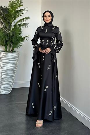 Emilia Prenses Taşlı  Saten Abiye Siyah