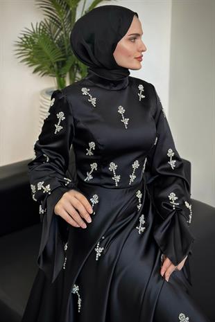 Emilia Prenses Taşlı  Saten Abiye Siyah