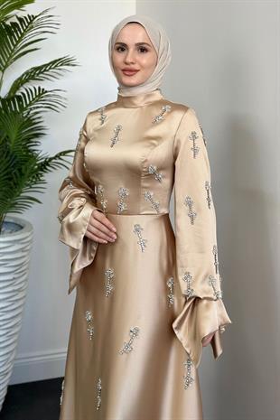 Emilia Prenses Taşlı Saten Abiye Vizon