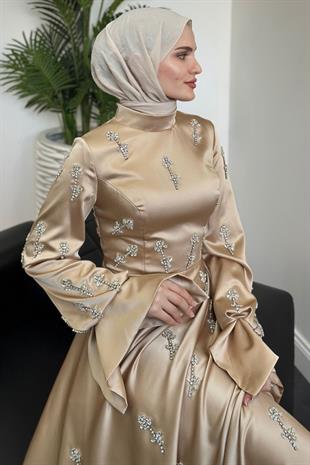 Emilia Prenses Taşlı Saten Abiye Vizon