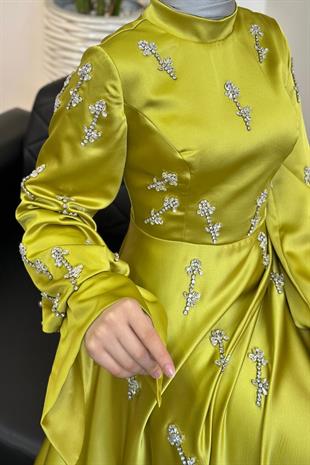Emilia Prenses Taşlı Saten Abiye Yağ Yeşili