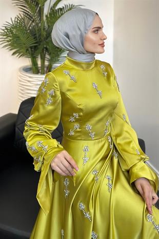 Emilia Prenses Taşlı Saten Abiye Yağ Yeşili