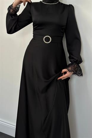 Emily Güpür Detay Abiye Siyah