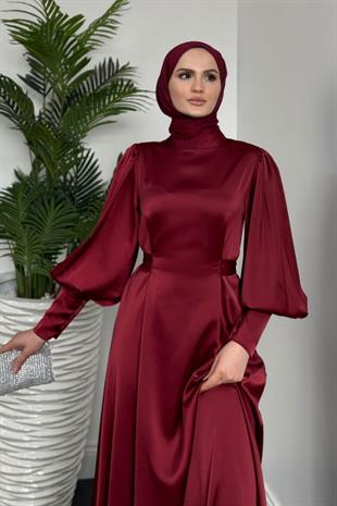 Emora Kuşaklı Saten Elbise Bordo