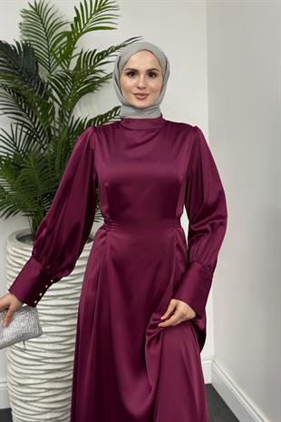 Emora Kuşaklı Saten Elbise Mürdüm