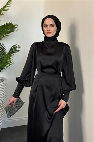 Emora Kuşaklı Saten Elbise Siyah 