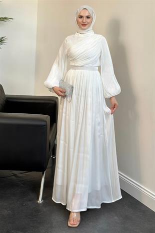 Erba Drape Detay Abiye Beyaz