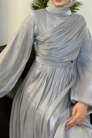 Erba Drape Detay Abiye Gri