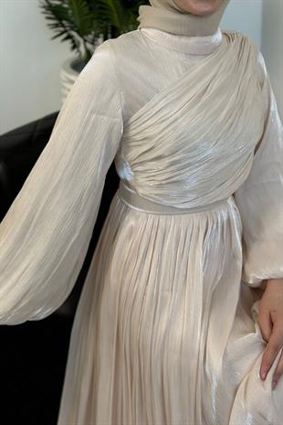 Erba Drape Detay Abiye Krem