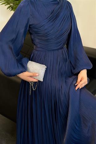 Erba Drape Detay Abiye Lacivert
