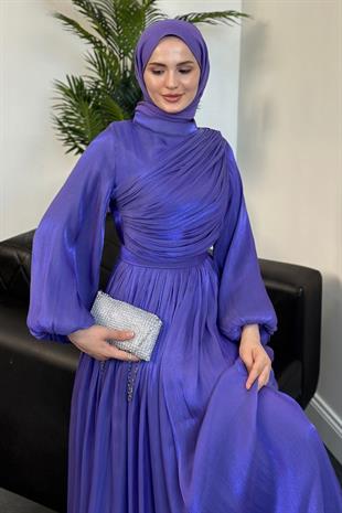 Erba Drape Detay Abiye Mor