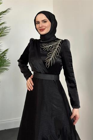 Ervah Taş Detay Abiye Siyah 