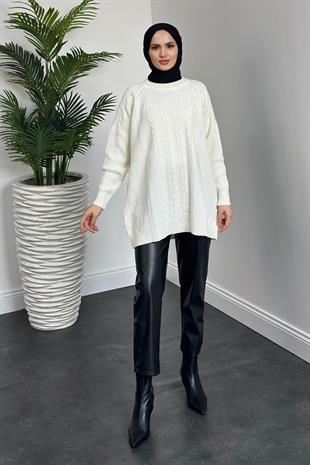 Ester Örgü Desen Kazak Beyaz