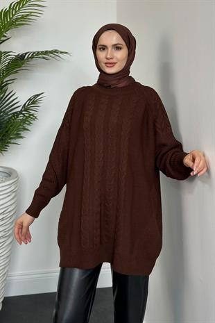 Ester Örgü Desen Kazak Kahverengi