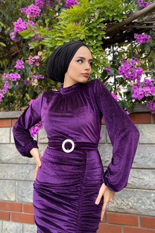 Eteği Büzgülü Kadife Abiye Mor
