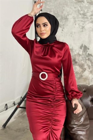 Eteği Büzgülü Kemerli Saten Abiye Bordo
