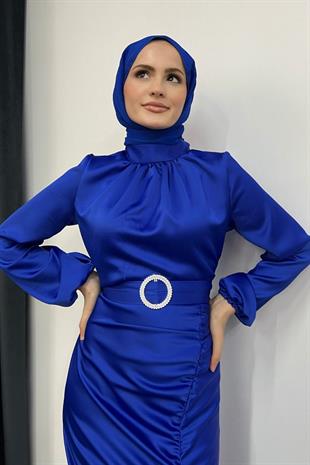 Eteği Büzgülü Kemerli Saten Abiye Saks