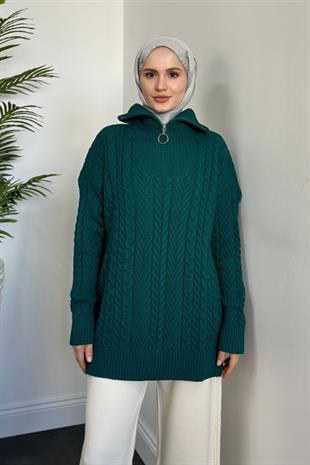 Evan Fermuarlı Örgü Desen Triko Takım Petrol Yeşili