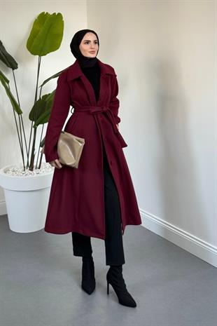 Evelyn Astarlı Düğmeli Kaşe Kaban Bordo