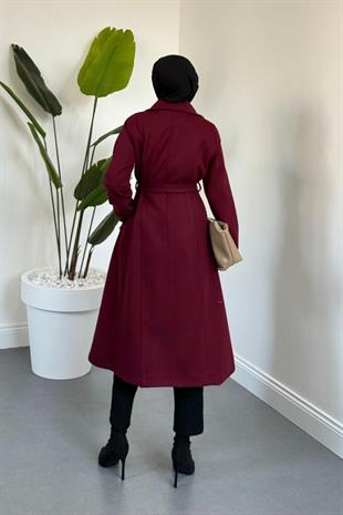 Evelyn Astarlı Düğmeli Kaşe Kaban Bordo