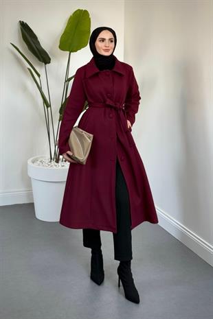 Evelyn Astarlı Düğmeli Kaşe Kaban Bordo