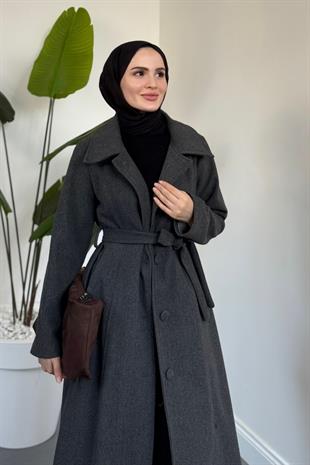 Evelyn Astarlı Düğmeli Kaşe Kaban Füme