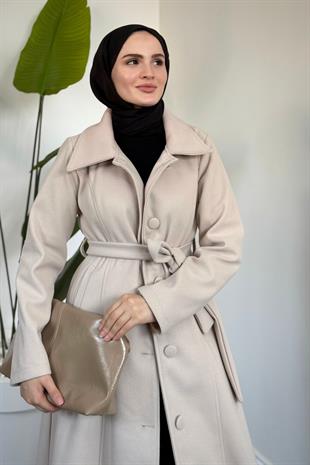 Evelyn Astarlı Düğmeli Kaşe Kaban Krem