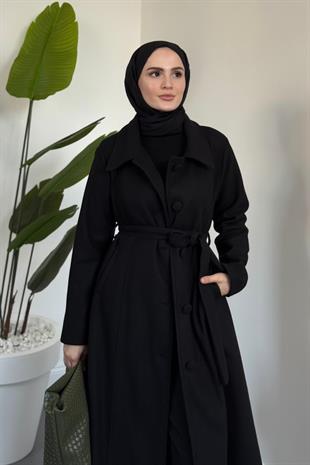 Evelyn Astarlı Düğmeli Kaşe Kaban Siyah