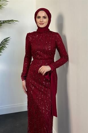 Eylül Kolları Bağcıklı Payetli Abiye Bordo