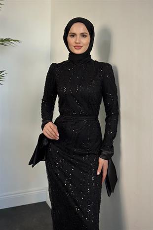 Eylül Kolları Bağcıklı Payetli Abiye Siyah