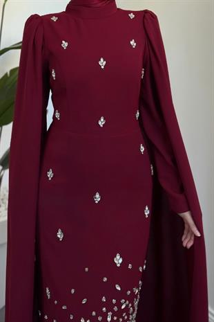 Farah Kolları Pelerinli Abiye Bordo